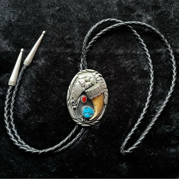 Navajo Turquoise, Coral, & Claw Bolo Tie - Picture 9 of 15